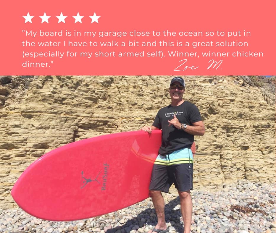 "My board is in my garage close to the ocean so to put it in the water I have to walk a bit and this is a great solution (espescially for my short armed self). Winner, winner chicken dinner.”